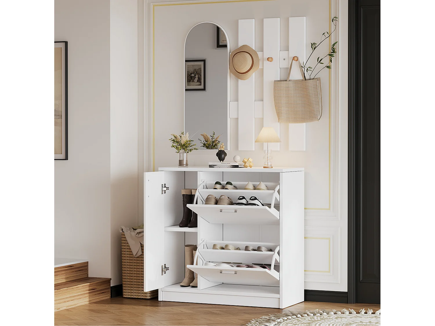 Meuble à Chaussures 80x35x80cm avec portes Rabattables, Miroir et crochets, corps en Blanc Brillant