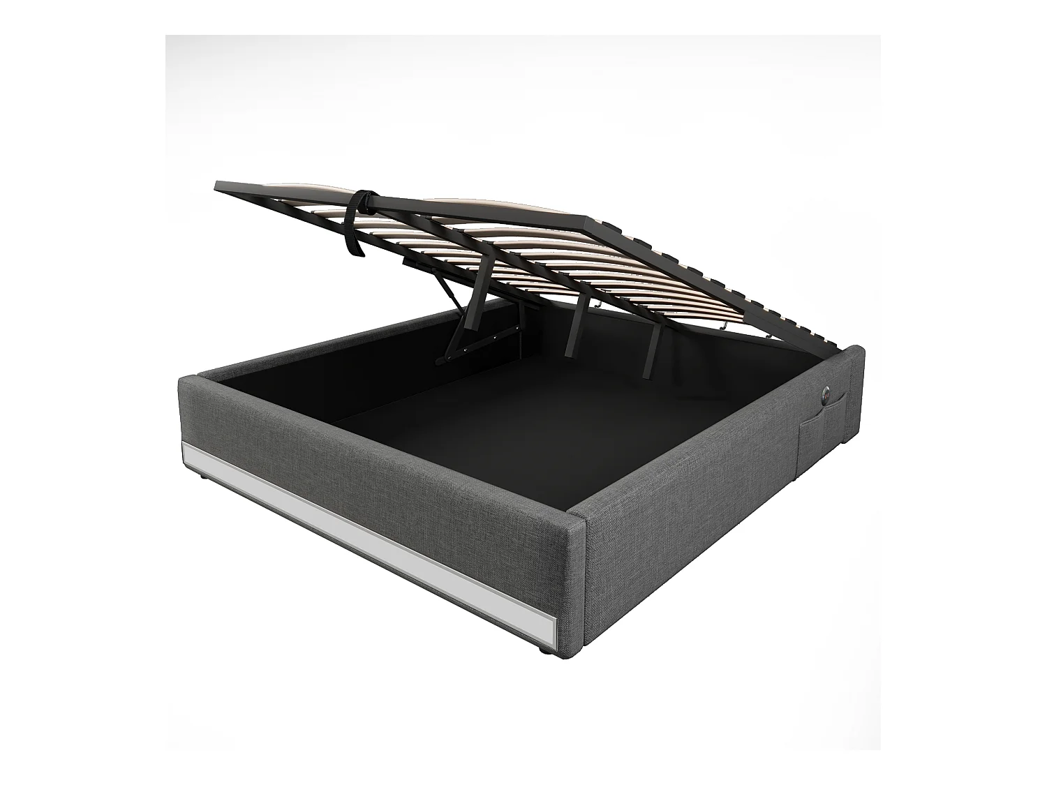 Lit coffre adulte 140x200cm en lin gris, sans tête de lit, LED et USB inclus, sans matelas