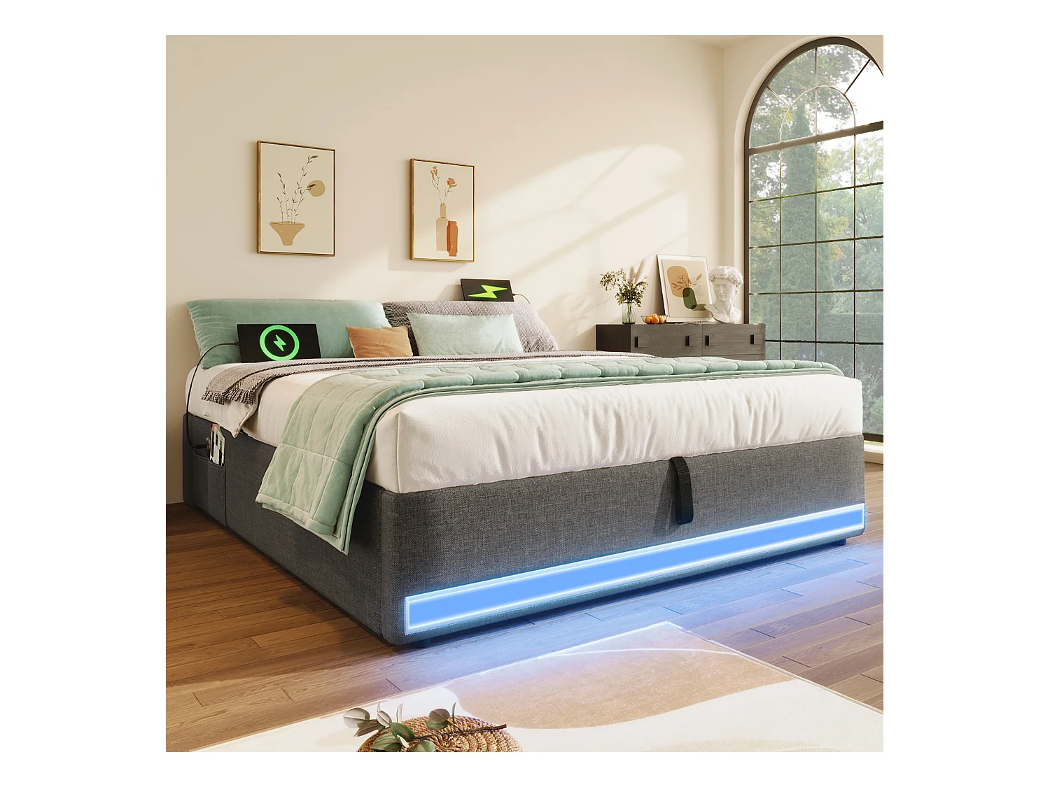 Lit coffre adulte 140x200cm en lin gris, sans tête de lit, LED et USB inclus, sans matelas