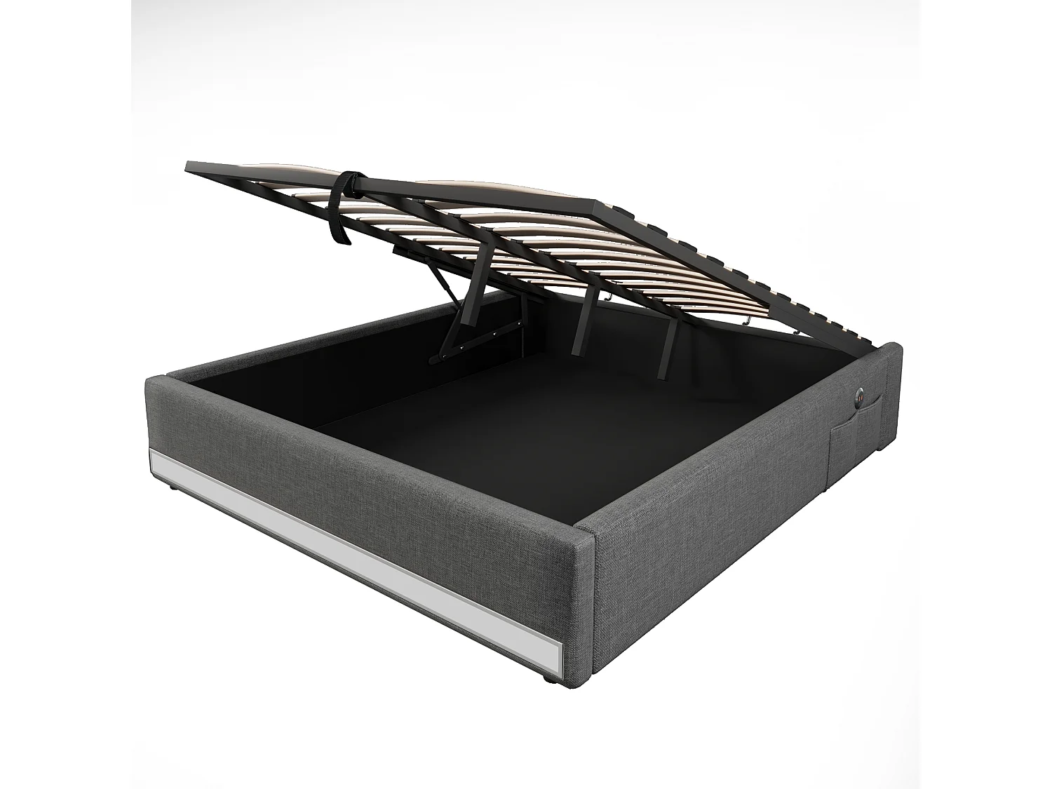 Lit coffre adulte 140x200cm en lin gris, sans tête de lit, LED et USB inclus, sans matelas