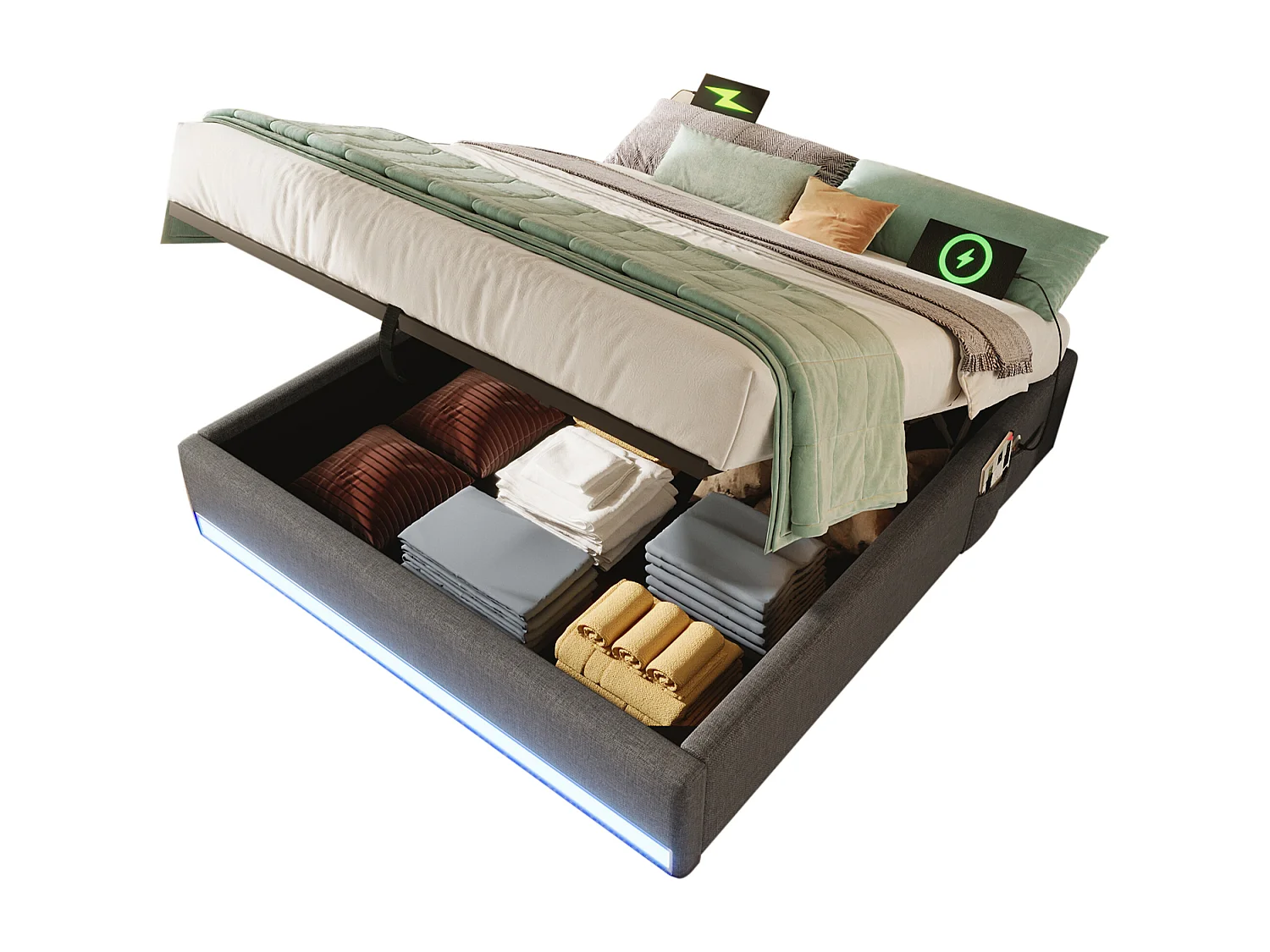 Volwassen opbergbed 140x200cm in grijs linnen, zonder hoofdeinde, LED en USB inbegrepen, zonder matras