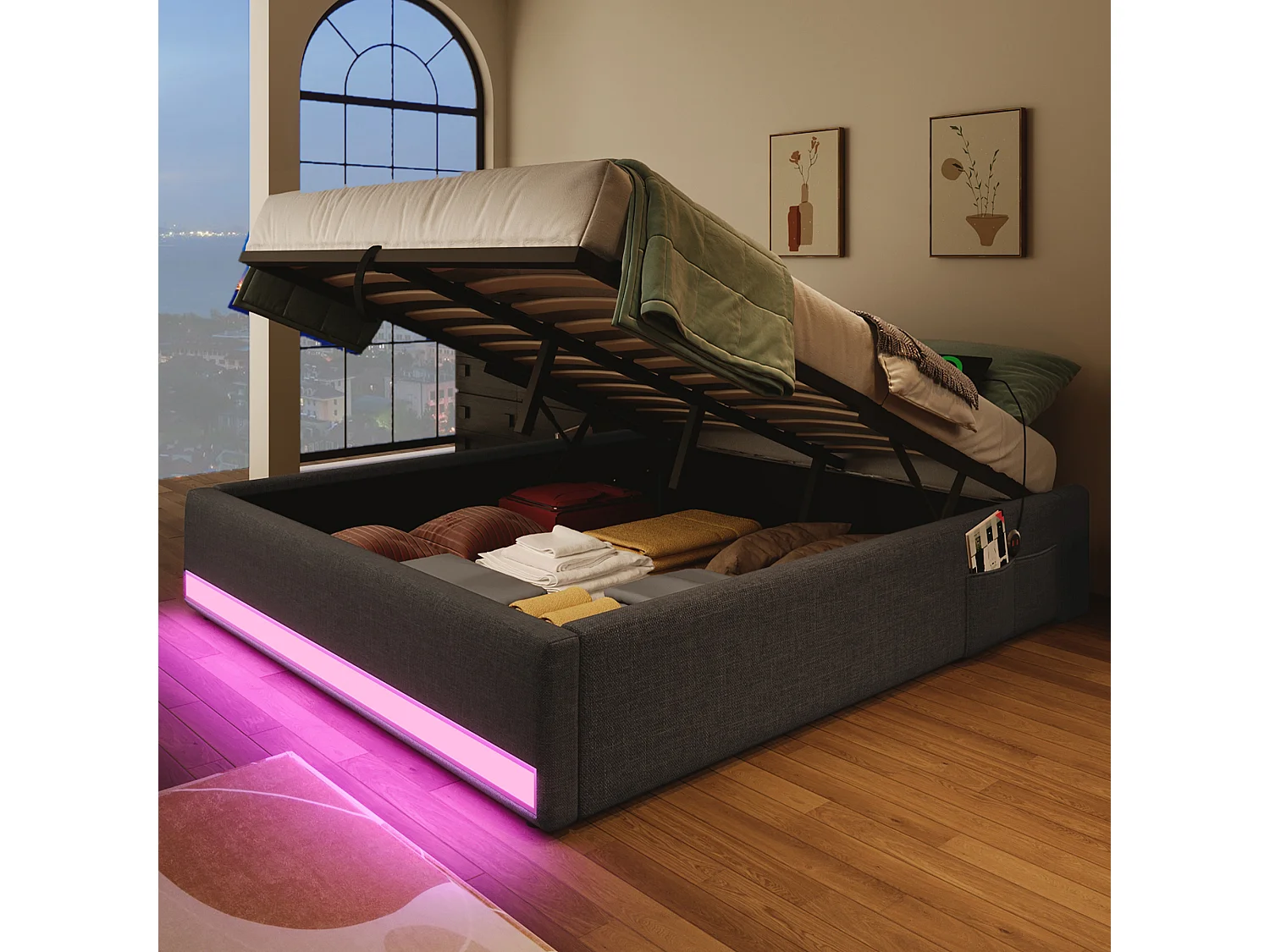 Volwassen opbergbed 140x200cm in grijs linnen, zonder hoofdeinde, LED en USB inbegrepen, zonder matras
