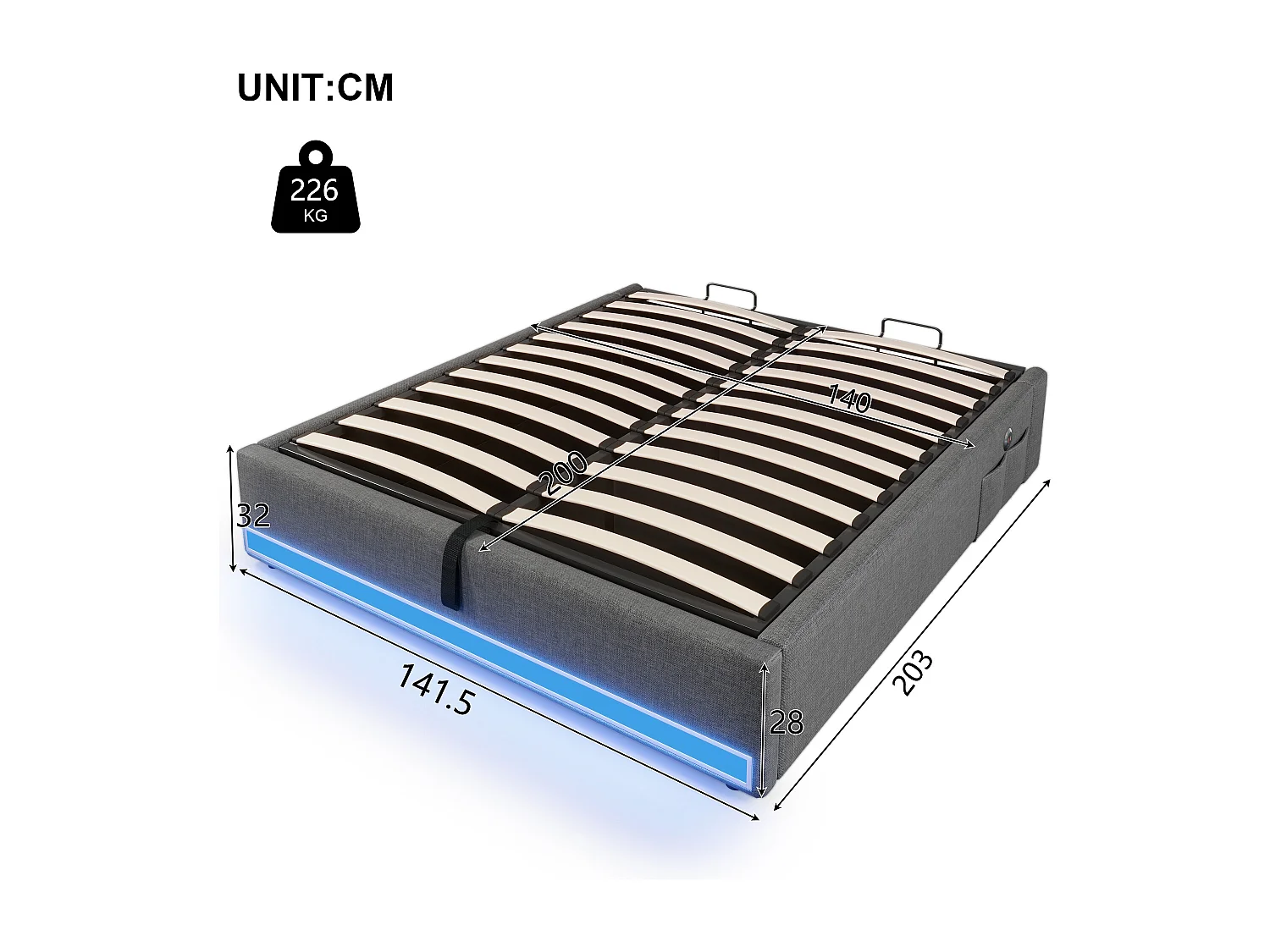 Volwassen opbergbed 140x200cm in grijs linnen, zonder hoofdeinde, LED en USB inbegrepen, zonder matras