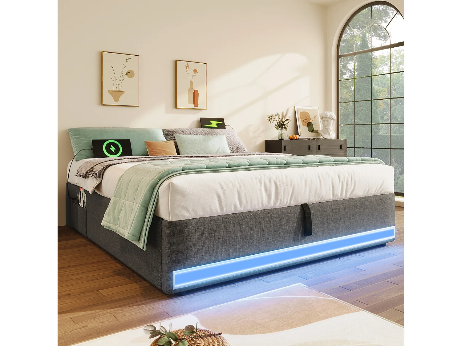 Volwassen opbergbed 140x200cm in grijs linnen, zonder hoofdeinde, LED en USB inbegrepen, zonder matras
