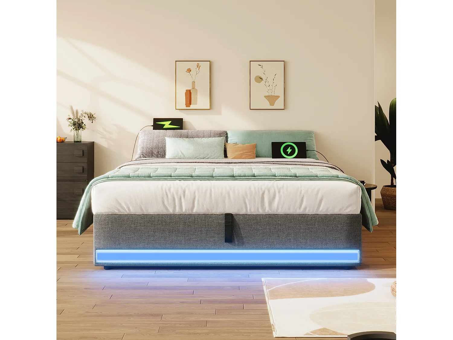 Volwassen opbergbed 140x200cm in grijs linnen, zonder hoofdeinde, LED en USB inbegrepen, zonder matras