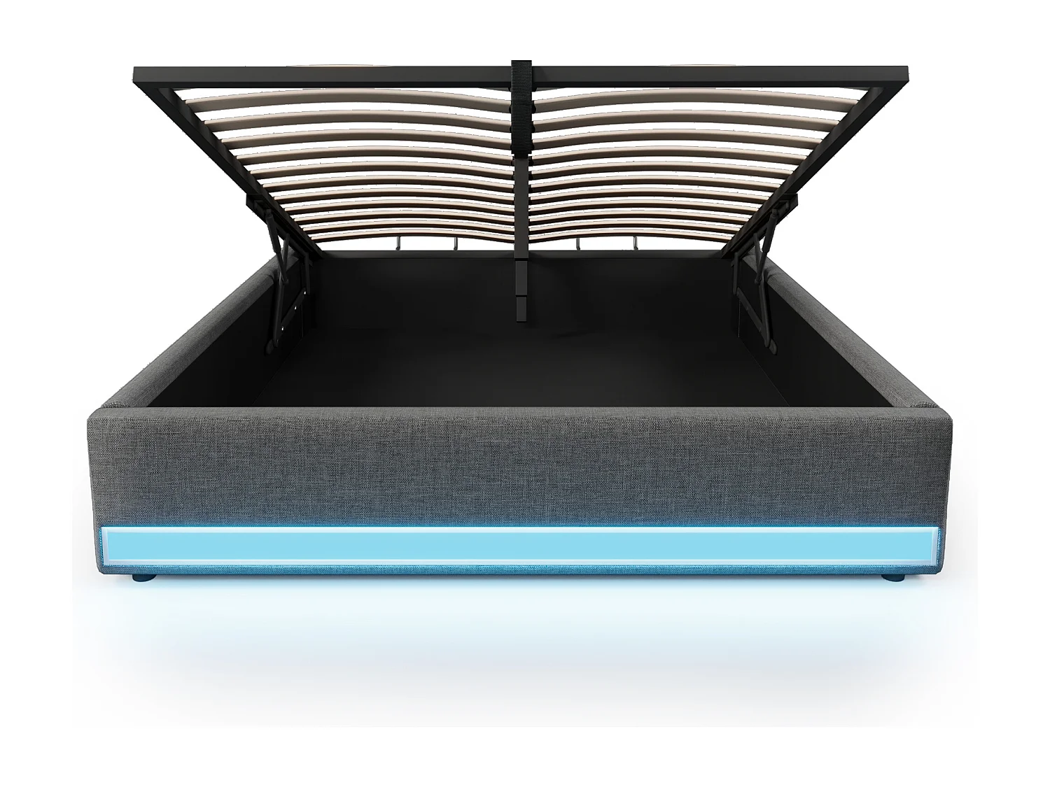 Volwassen opbergbed 140x200cm in grijs linnen, zonder hoofdeinde, LED en USB inbegrepen, zonder matras