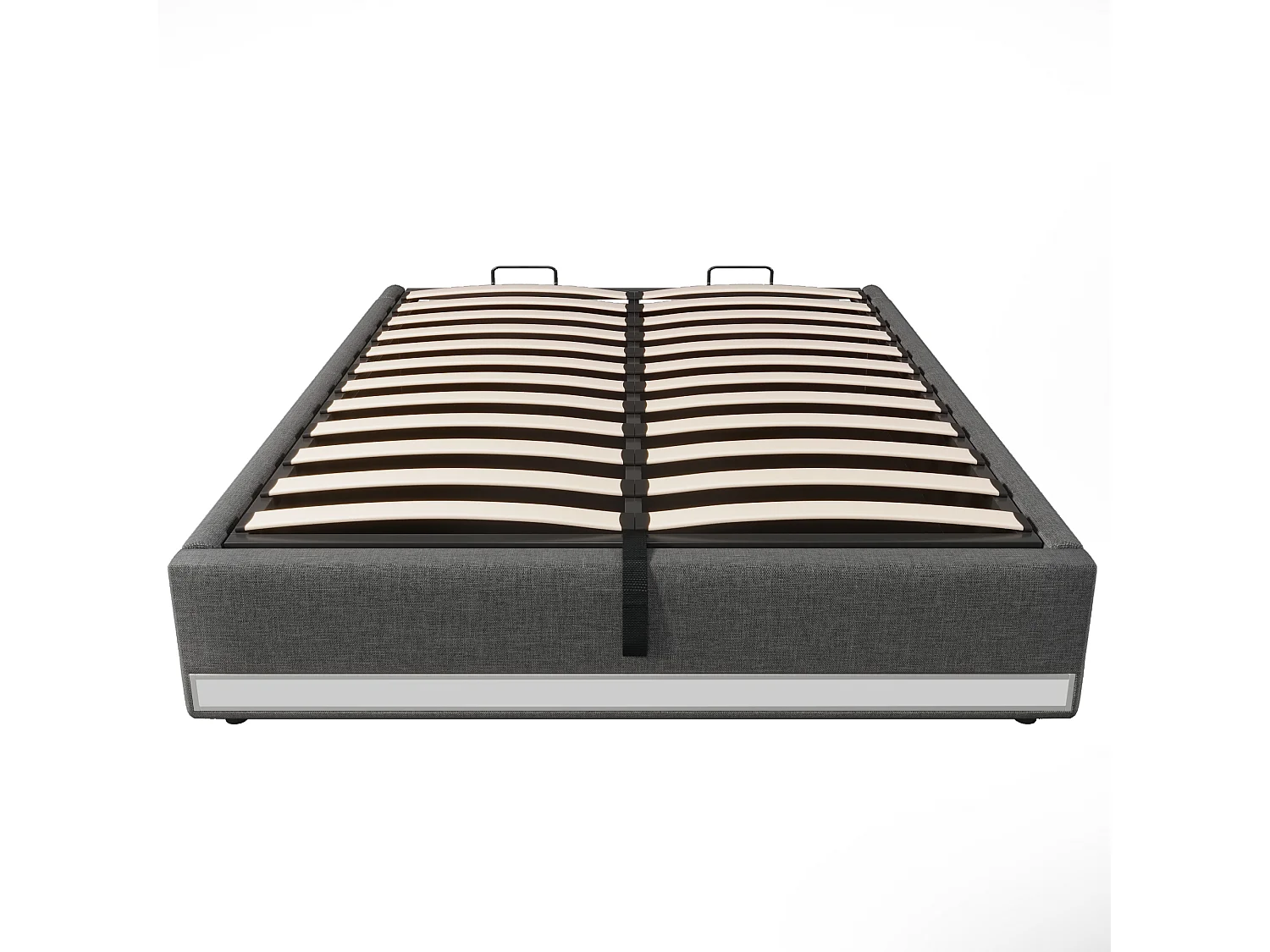 Volwassen opbergbed 140x200cm in grijs linnen, zonder hoofdeinde, LED en USB inbegrepen, zonder matras