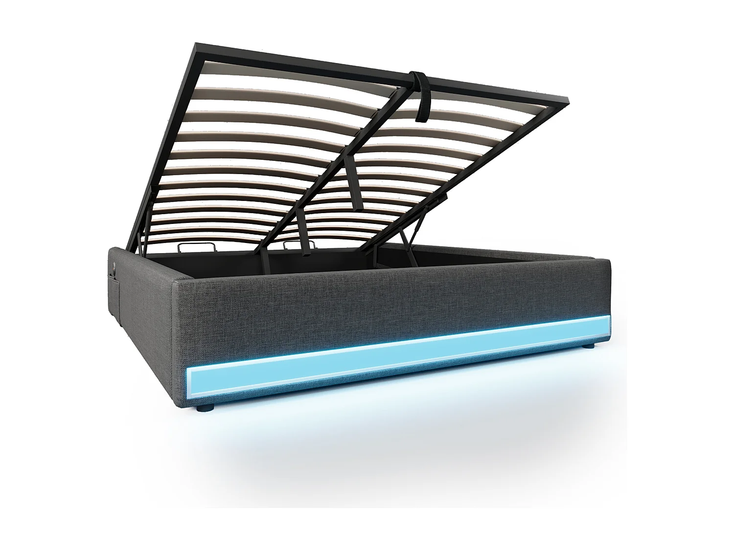 Volwassen opbergbed 140x200cm in grijs linnen, zonder hoofdeinde, LED en USB inbegrepen, zonder matras