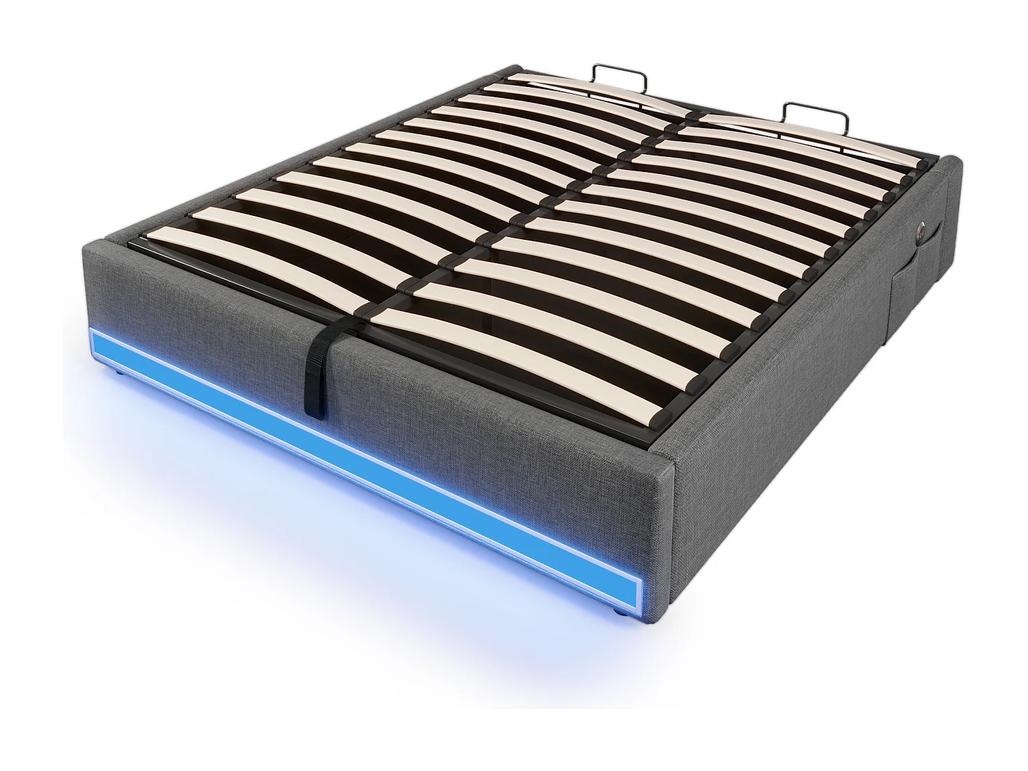 Volwassen opbergbed 140x200cm in grijs linnen, zonder hoofdeinde, LED en USB inbegrepen, zonder matras