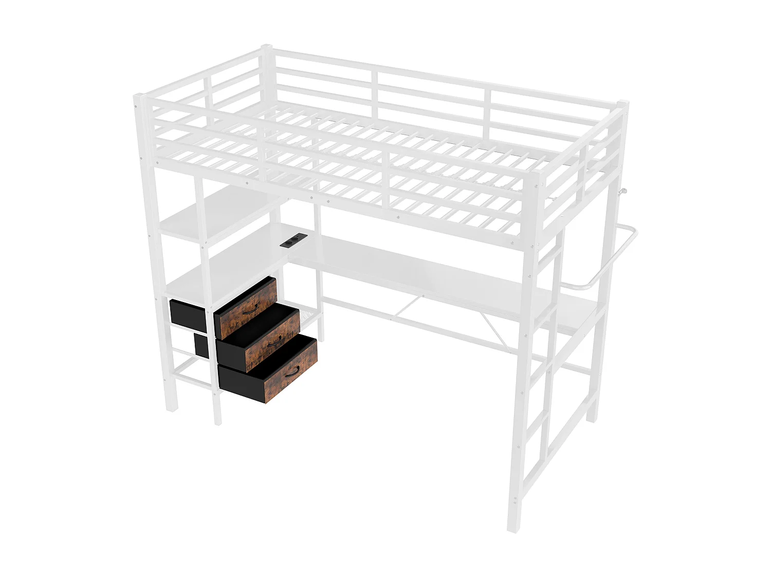 Lit mezzanine enfant 90x200cm en métal blanc, avec bureau et 3 tiroirs, sommier inclus, sans matelas