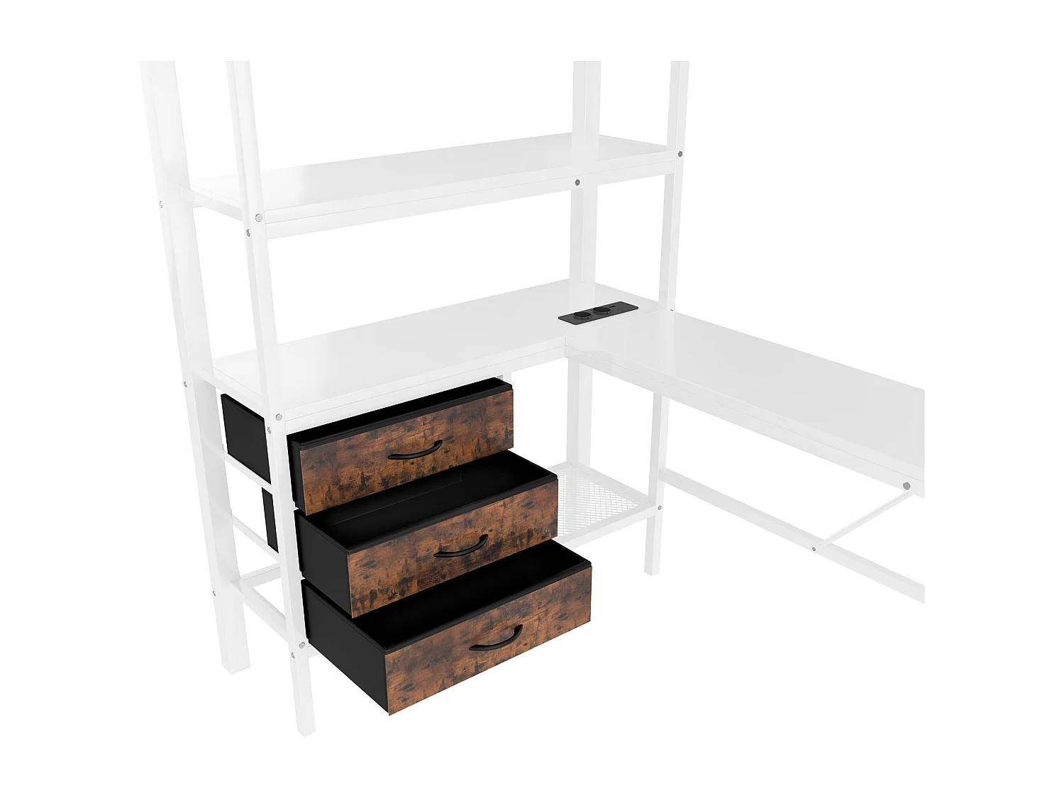 Lit mezzanine enfant 90x200cm en métal blanc, avec bureau et 3 tiroirs, sommier inclus, sans matelas