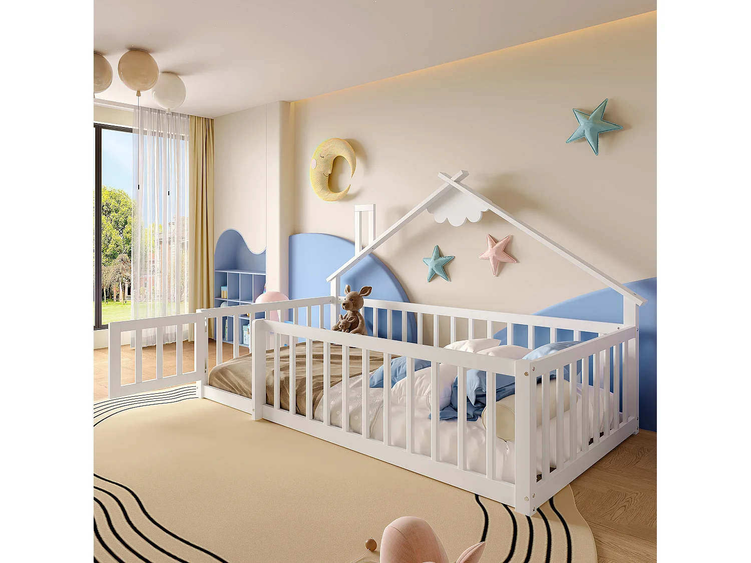 Lit cabane enfant 90x190cm, sommier à lattes, cadre en pin, sans matelas, blanc