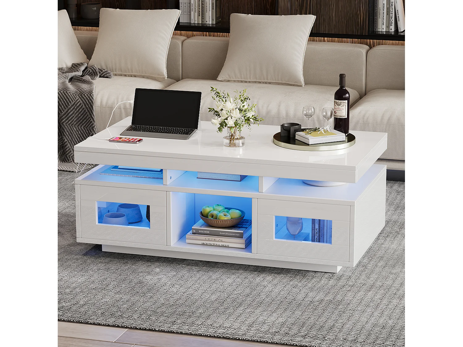Table basse rectangle 100x50x43cm avec 2 portes et niche, LED, ports USB et prise inclus, corps en blanc laqué brillant