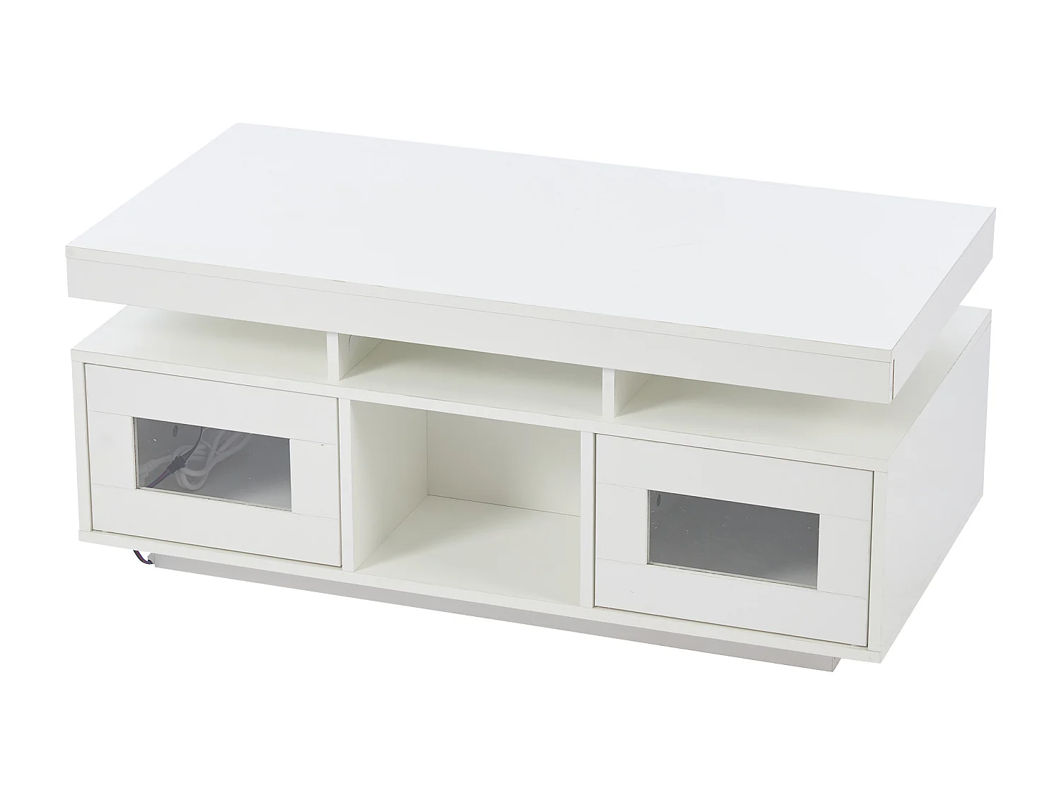 Table basse rectangle 100x50x43cm avec 2 portes et niche, LED, ports USB et prise inclus, corps en blanc laqué brillant