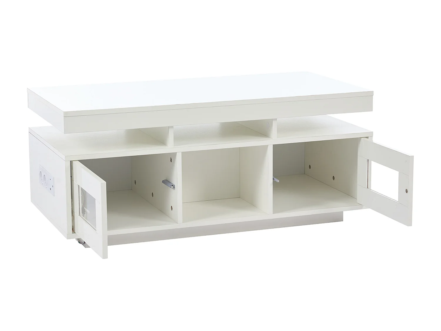 Table basse rectangle 100x50x43cm avec 2 portes et niche, LED, ports USB et prise inclus, corps en blanc laqué brillant