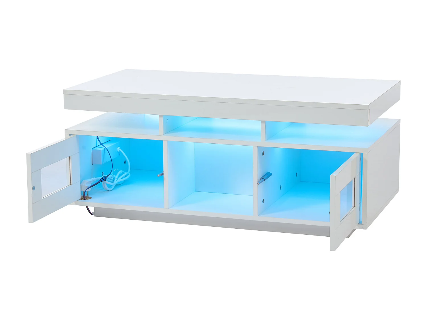 Table basse rectangle 100x50x43cm avec 2 portes et niche, LED, ports USB et prise inclus, corps en blanc laqué brillant