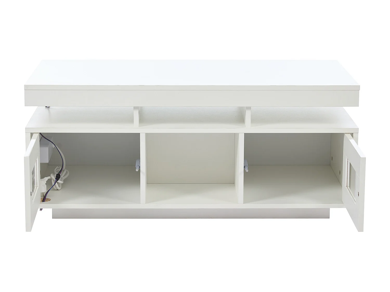 Table basse rectangle 100x50x43cm avec 2 portes et niche, LED, ports USB et prise inclus, corps en blanc laqué brillant