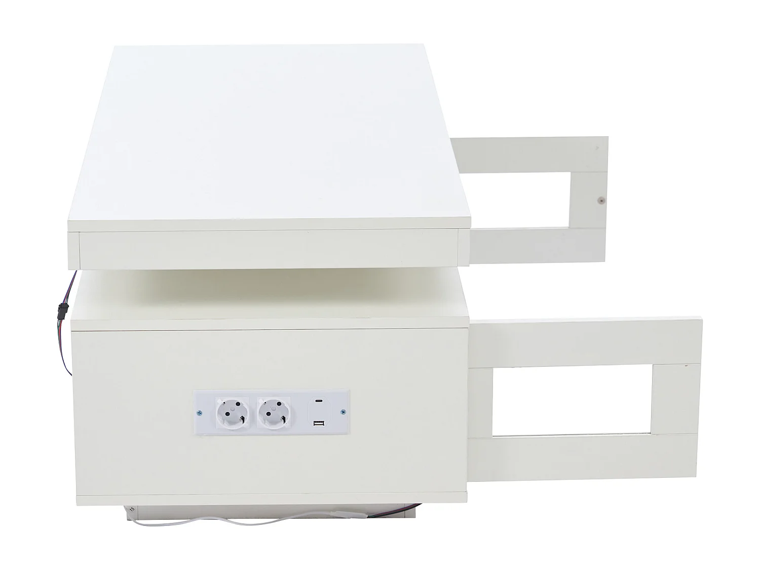 Table basse rectangle 100x50x43cm avec 2 portes et niche, LED, ports USB et prise inclus, corps en blanc laqué brillant