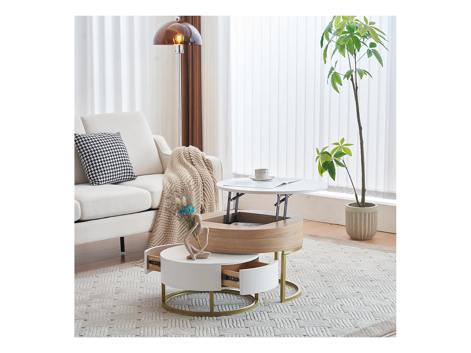 Set van 2 in elkaar passende salontafels met opklapbaar bovenblad en lades, witte behuizing en houten afwerking, goudkleurig metalen frame