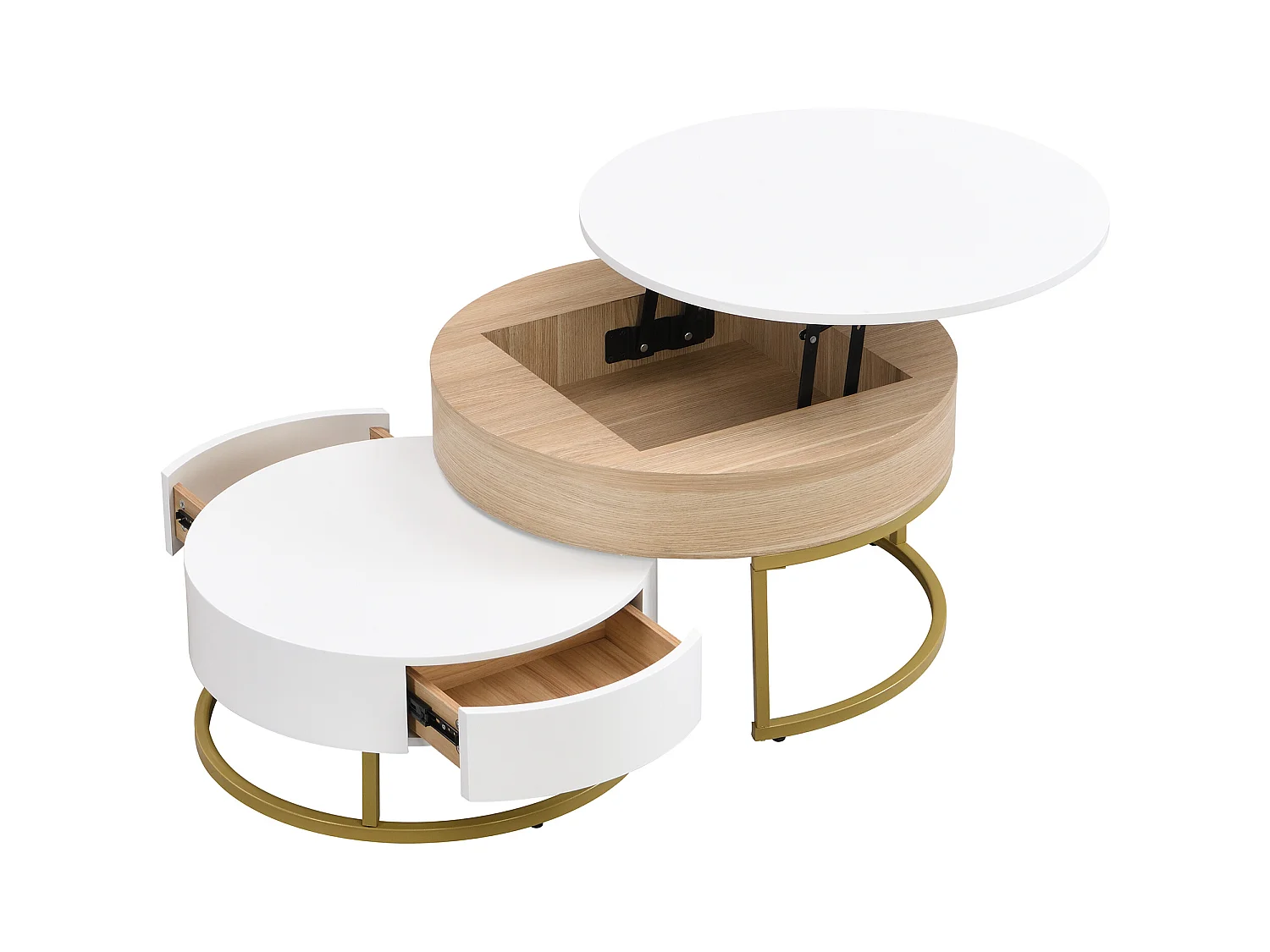 Set van 2 in elkaar passende salontafels met opklapbaar bovenblad en lades, witte behuizing en houten afwerking, goudkleurig metalen frame