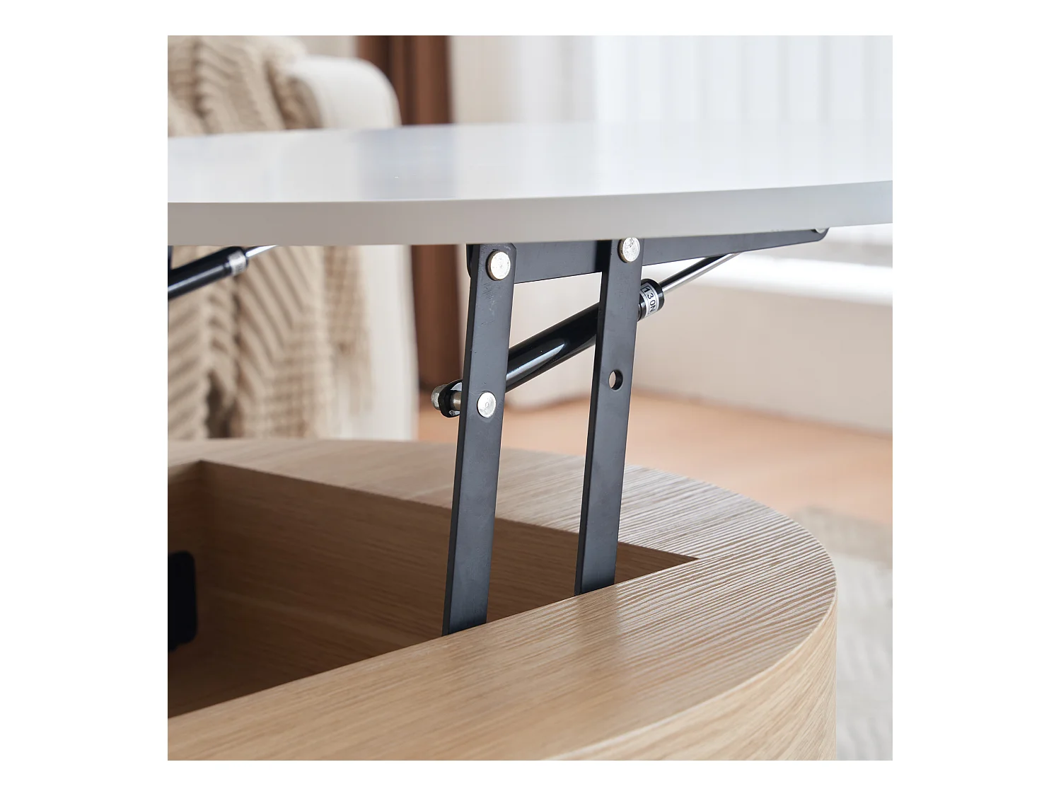 Set van 2 in elkaar passende salontafels met opklapbaar bovenblad en lades, witte behuizing en houten afwerking, goudkleurig metalen frame