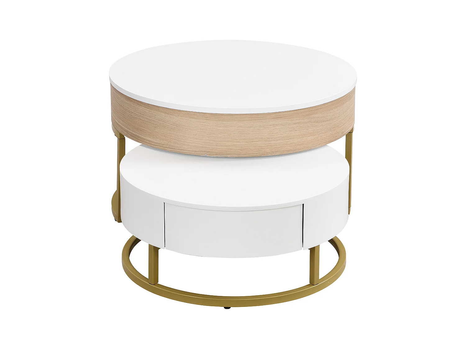 Set van 2 in elkaar passende salontafels met opklapbaar bovenblad en lades, witte behuizing en houten afwerking, goudkleurig metalen frame