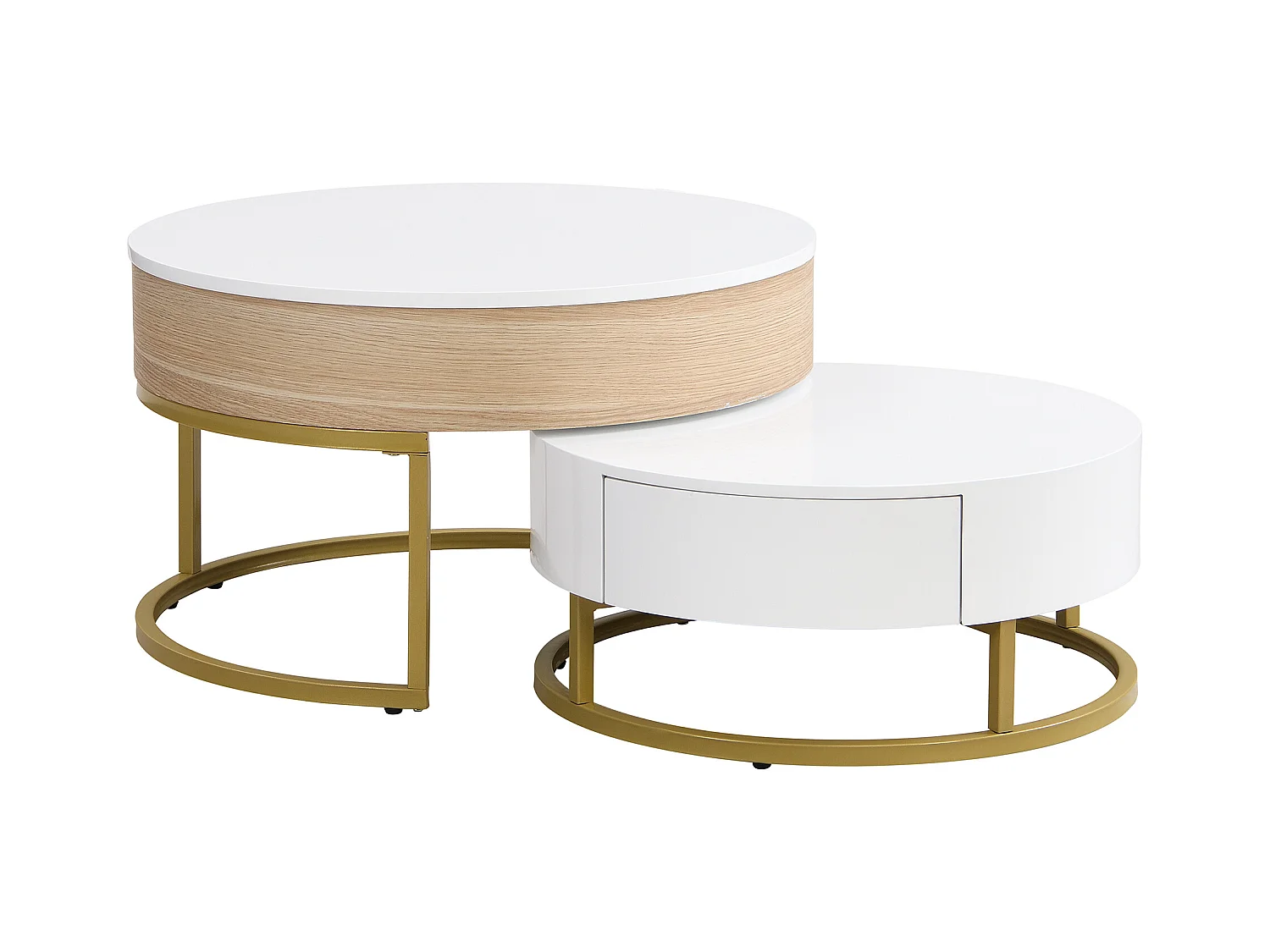 Set van 2 in elkaar passende salontafels met opklapbaar bovenblad en lades, witte behuizing en houten afwerking, goudkleurig metalen frame