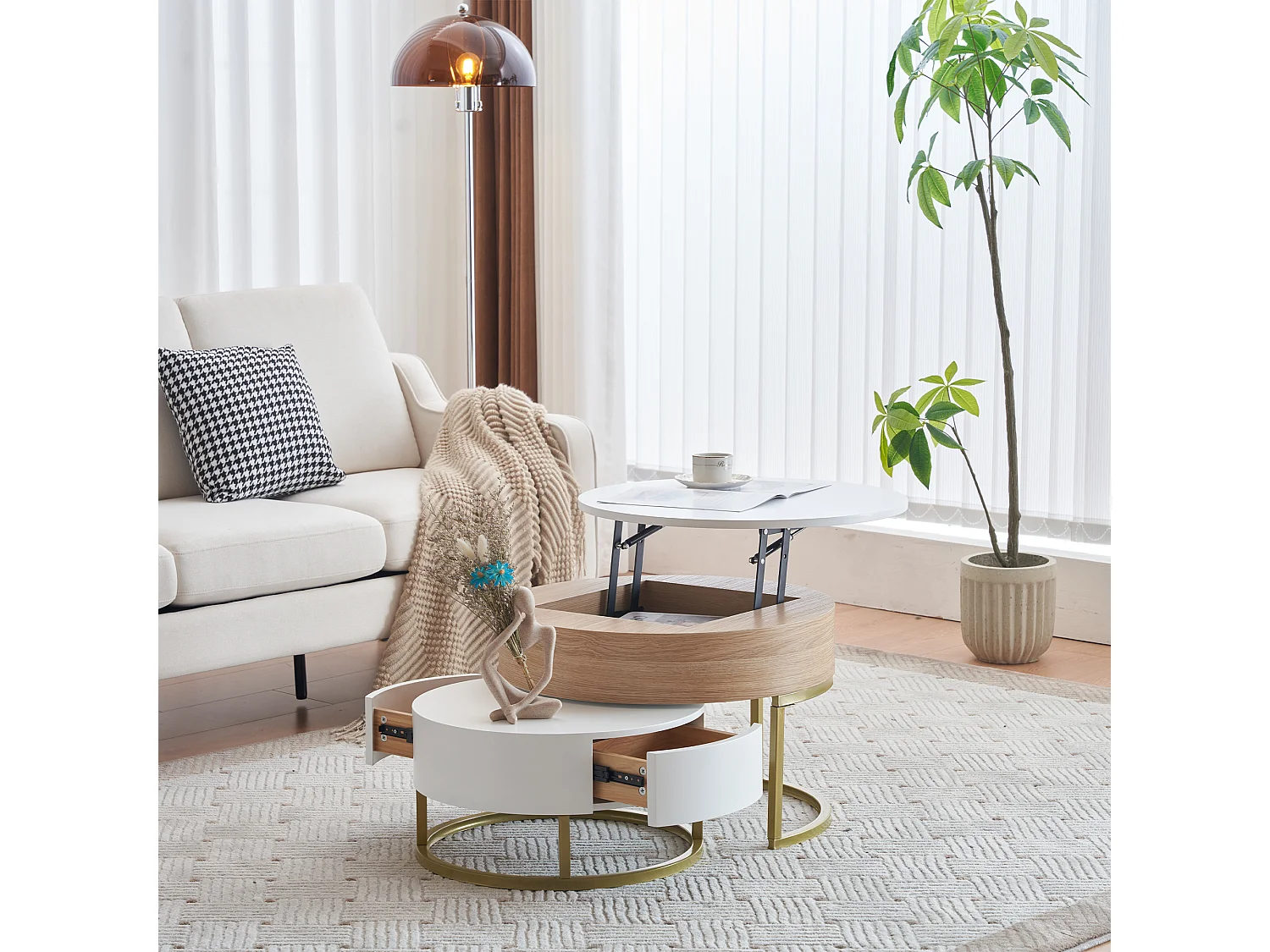 Lot de 2 tables basses gigognes avec plateau revelable et tiroirs, corps en blanc et finition bois, cadre en métal doré