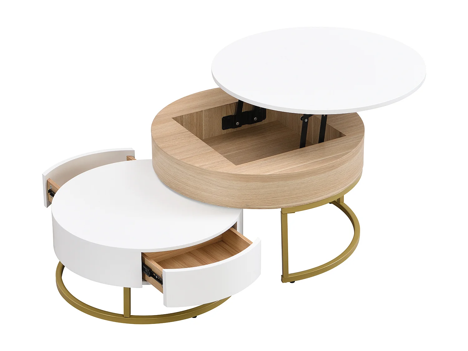 Lot de 2 tables basses gigognes avec plateau revelable et tiroirs, corps en blanc et finition bois, cadre en métal doré