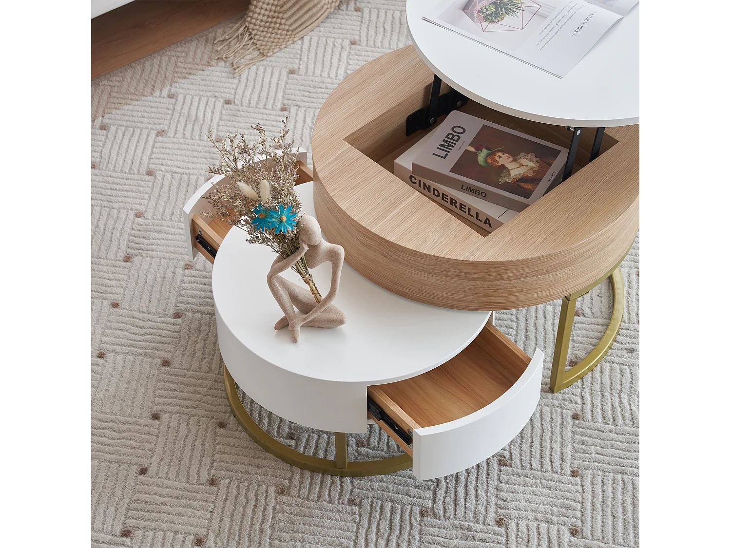 Lot de 2 tables basses gigognes avec plateau revelable et tiroirs, corps en blanc et finition bois, cadre en métal doré