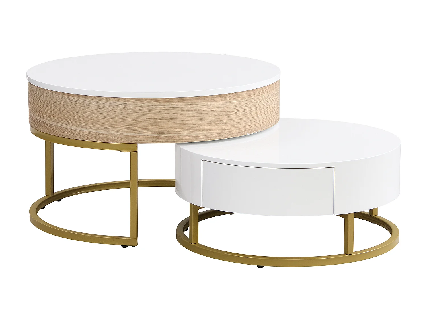 Lot de 2 tables basses gigognes avec plateau revelable et tiroirs, corps en blanc et finition bois, cadre en métal doré