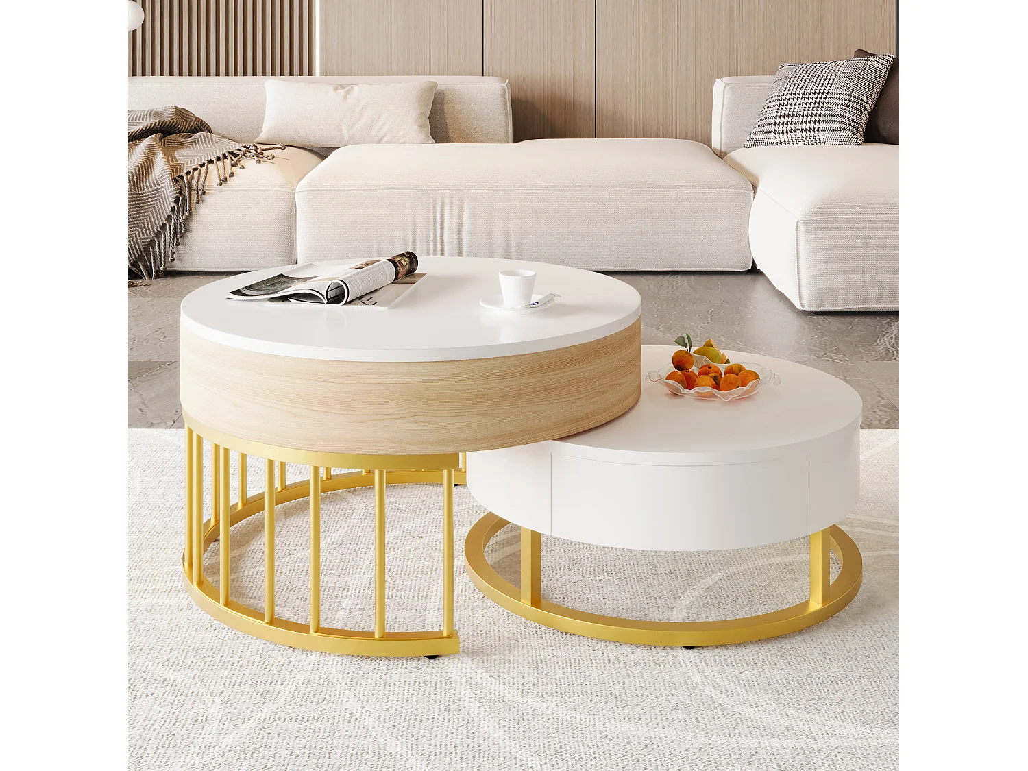 Lot de 2 tables basses gigognes avec plateau revelable et tiroir, corps en blanc et finition bois, cadre en métal doré