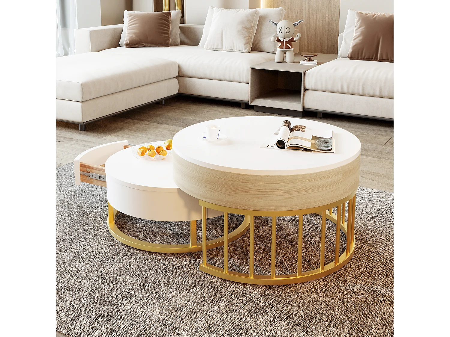 Lot de 2 tables basses gigognes avec plateau revelable et tiroir, corps en blanc et finition bois, cadre en métal doré