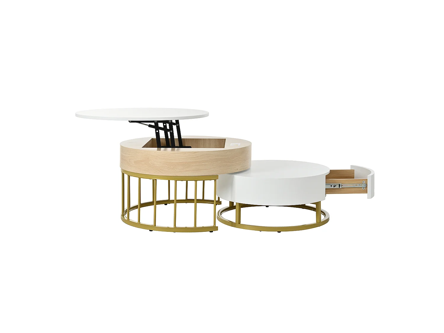 Lot de 2 tables basses gigognes avec plateau revelable et tiroir, corps en blanc et finition bois, cadre en métal doré