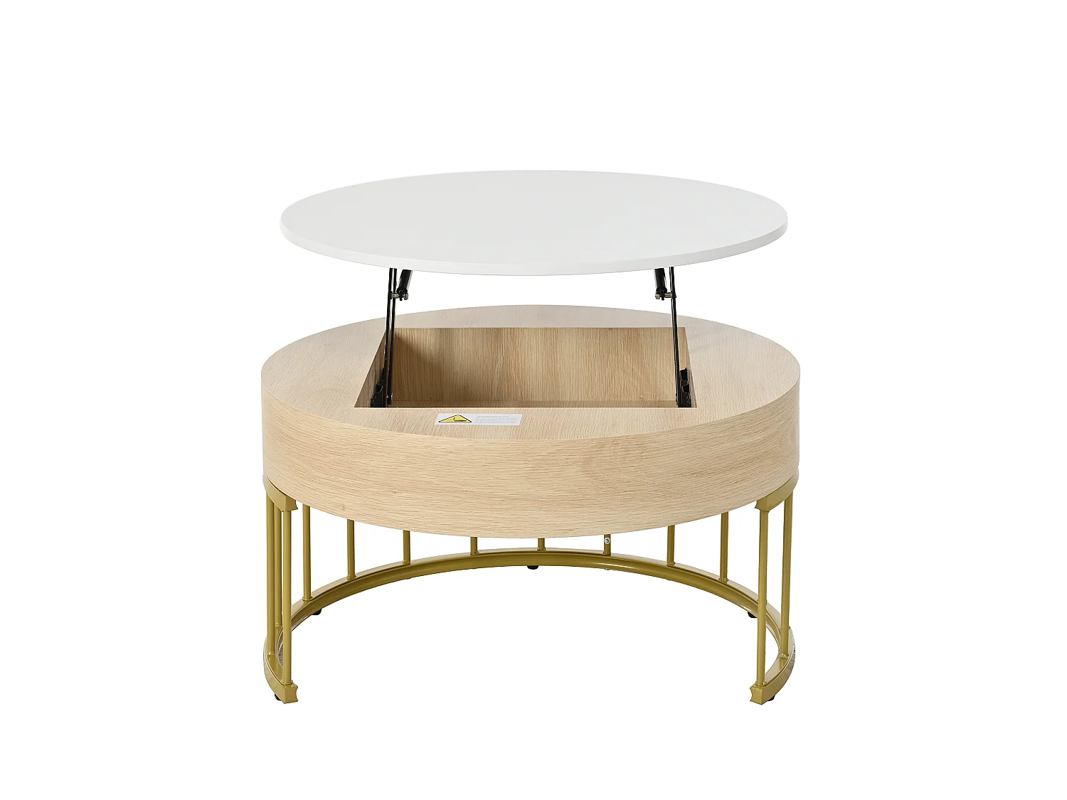 Lot de 2 tables basses gigognes avec plateau revelable et tiroir, corps en blanc et finition bois, cadre en métal doré