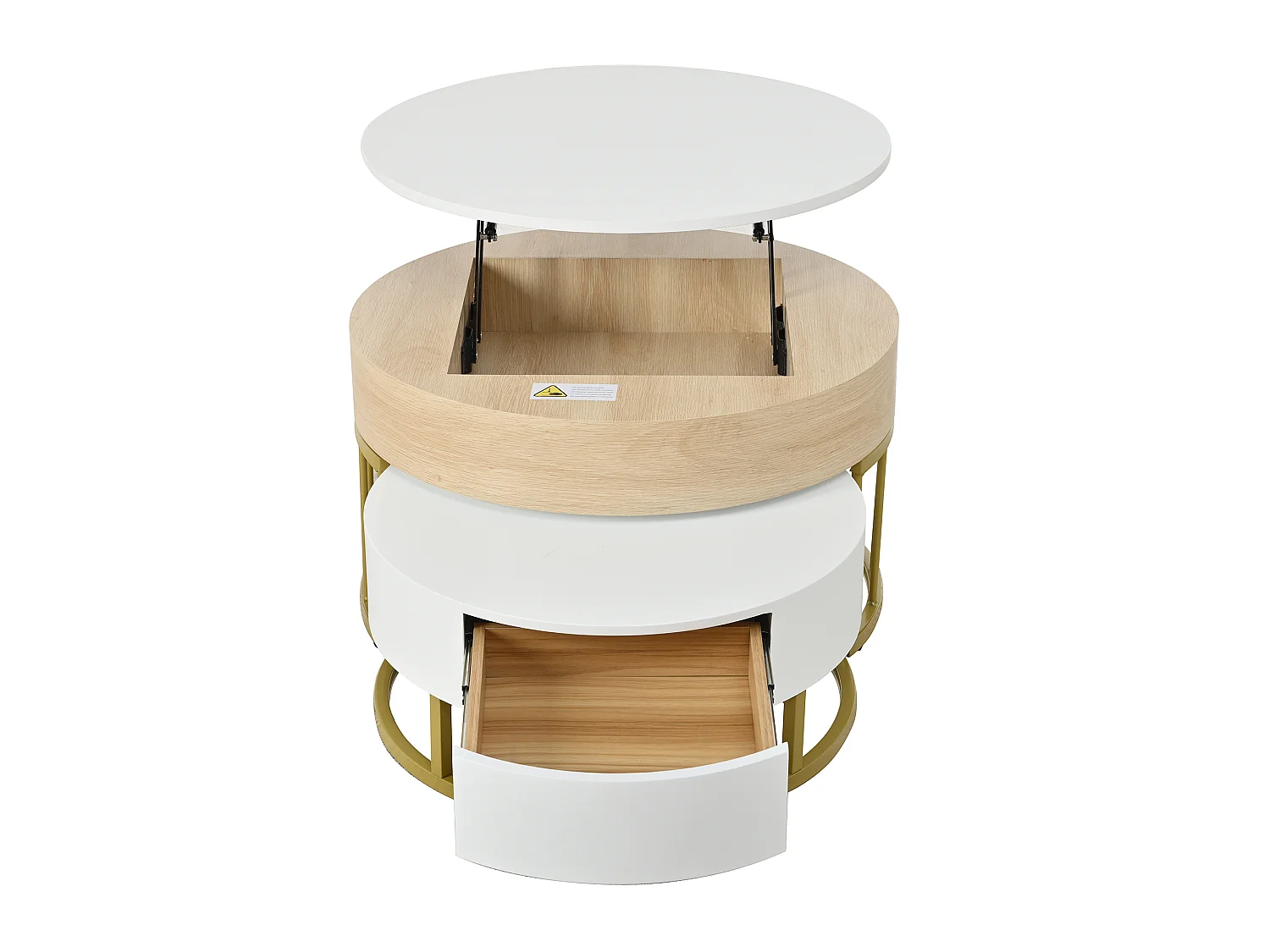 Lot de 2 tables basses gigognes avec plateau revelable et tiroir, corps en blanc et finition bois, cadre en métal doré