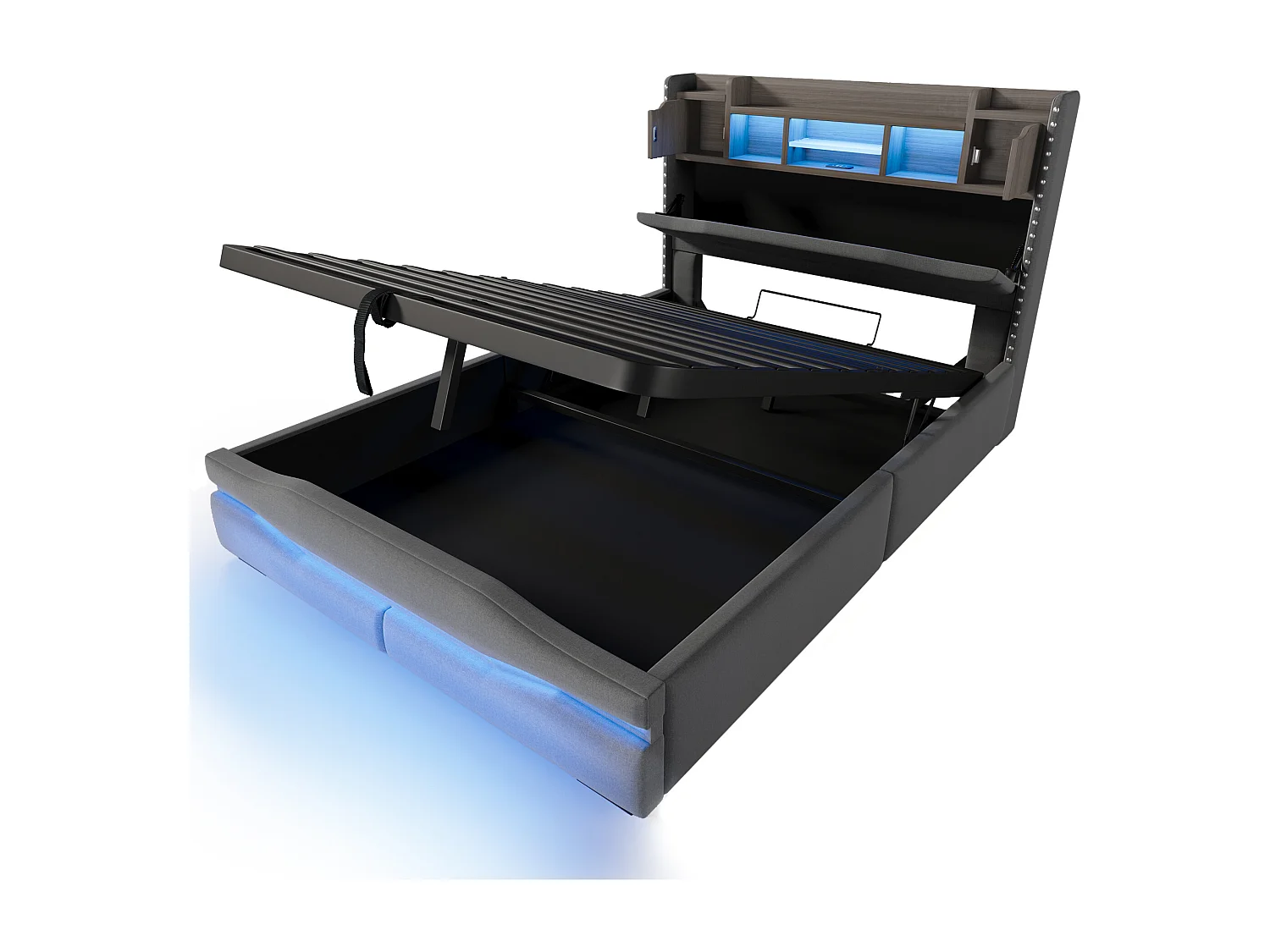 Lit coffre adulte 140x200cm avec LED et USB type-C, tête de lit de rangement, tissu en lin gris, sans matelas