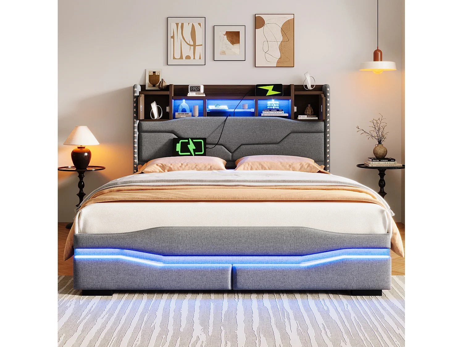 Lit coffre adulte 140x200cm avec LED et USB type-C, tête de lit de rangement, tissu en lin gris, sans matelas