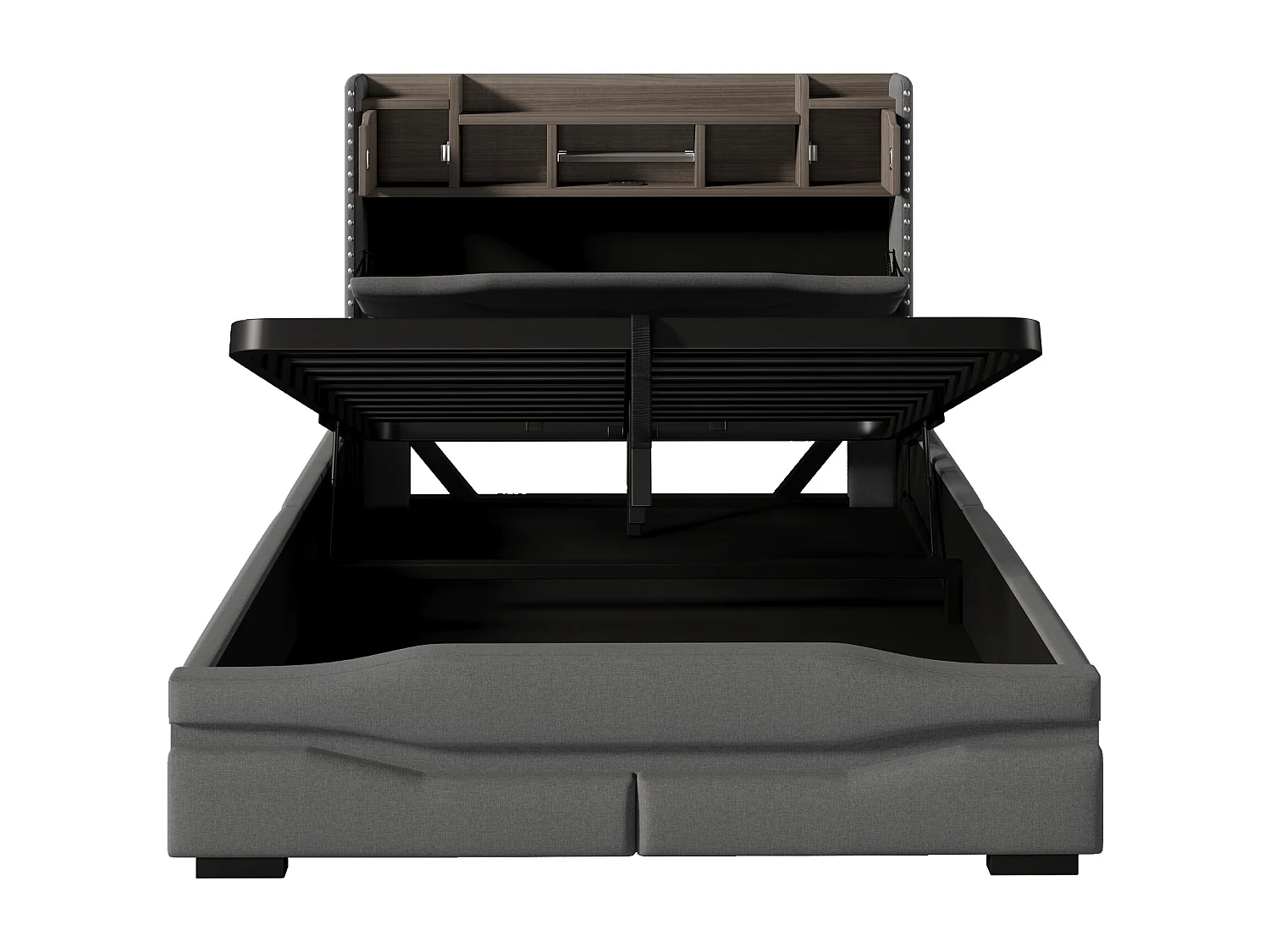 Lit coffre adulte 140x200cm avec LED et USB type-C, tête de lit de rangement, tissu en lin gris, sans matelas