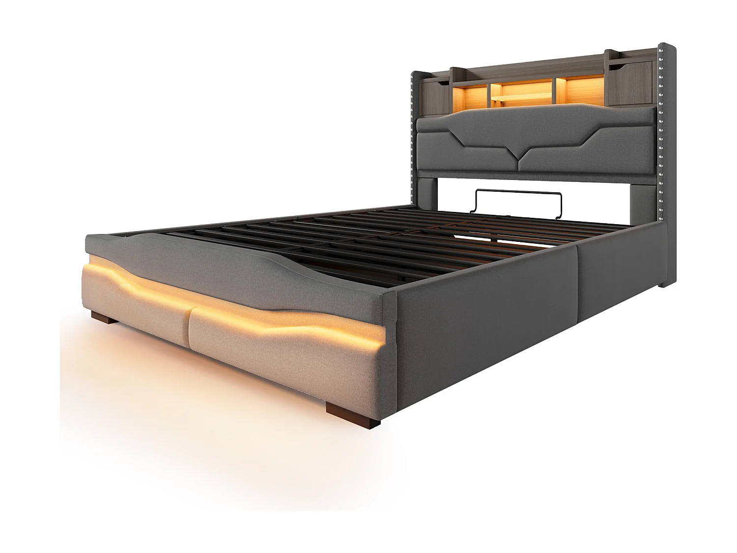 Lit coffre adulte 140x200cm avec LED et USB type-C, tête de lit de rangement, tissu en lin gris, sans matelas