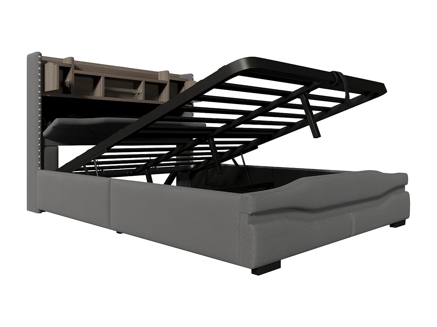 Lit coffre adulte 140x200cm avec LED et USB type-C, tête de lit de rangement, tissu en lin gris, sans matelas