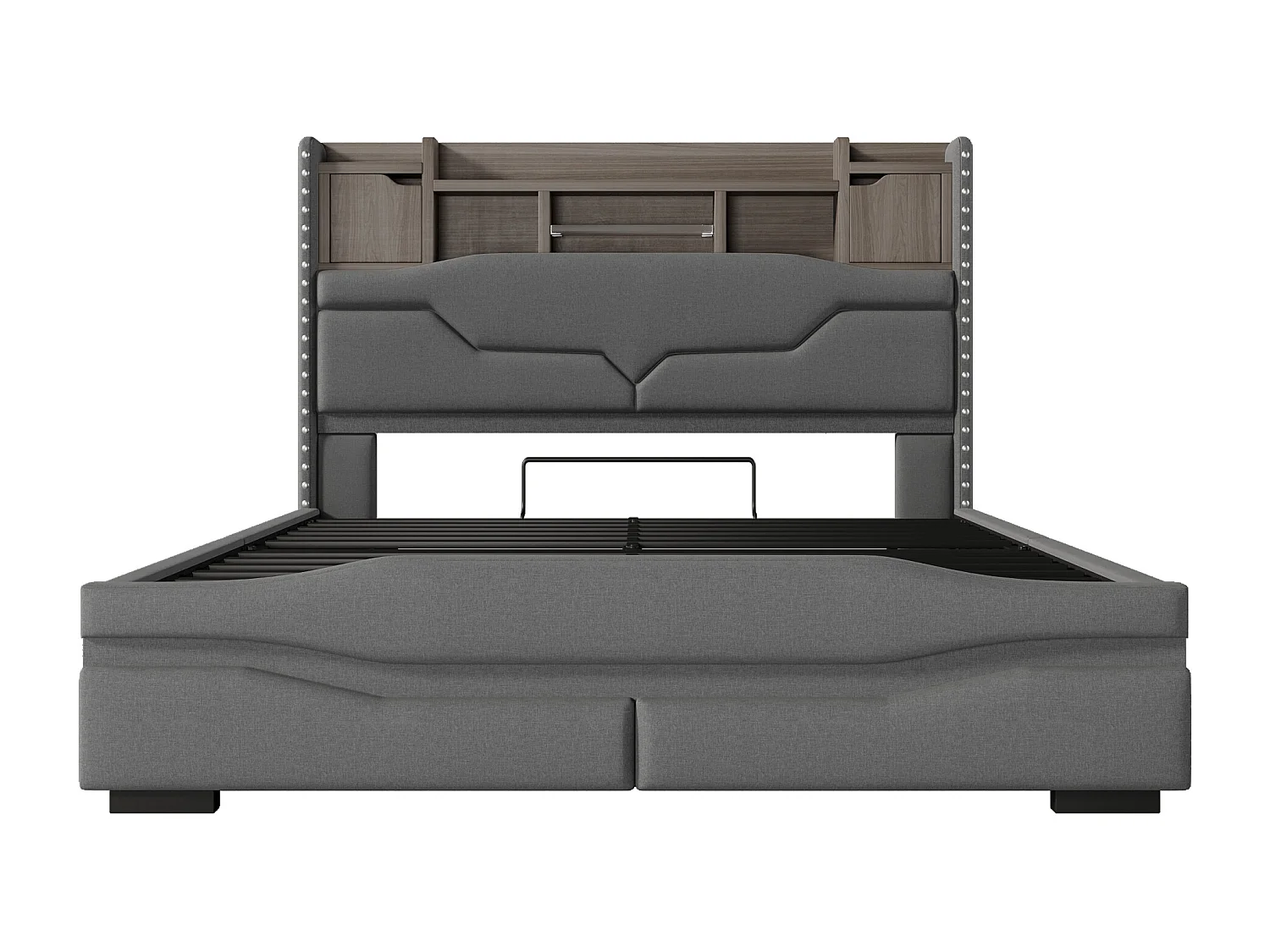 Lit coffre adulte 140x200cm avec LED et USB type-C, tête de lit de rangement, tissu en lin gris, sans matelas