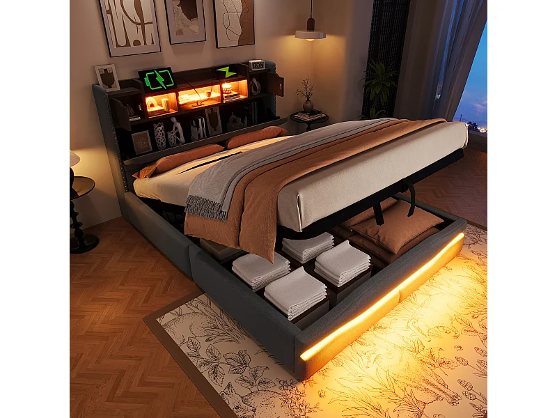 Lit coffre adulte 140x200cm avec LED et USB type-C, tête de lit de rangement, tissu en lin gris, sans matelas