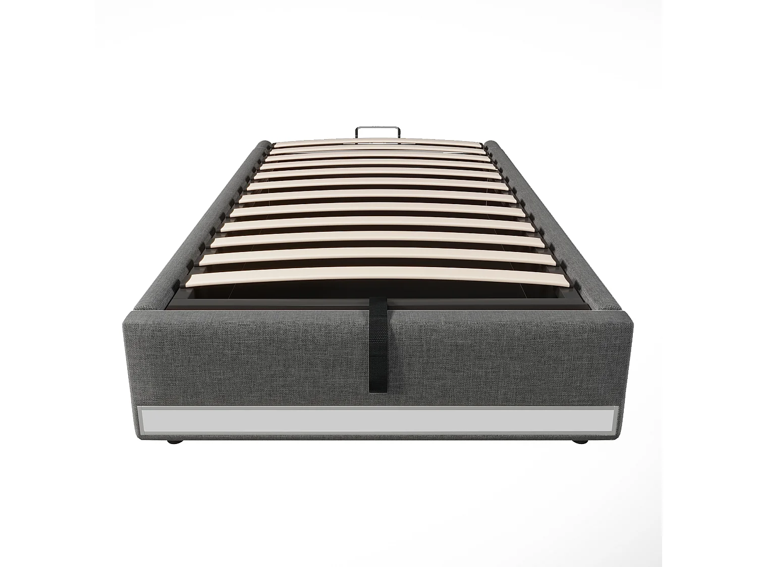 Volwassen opbergbed 90x200cm in grijs linnen, zonder hoofdeinde, LED en USB inbegrepen, zonder matras