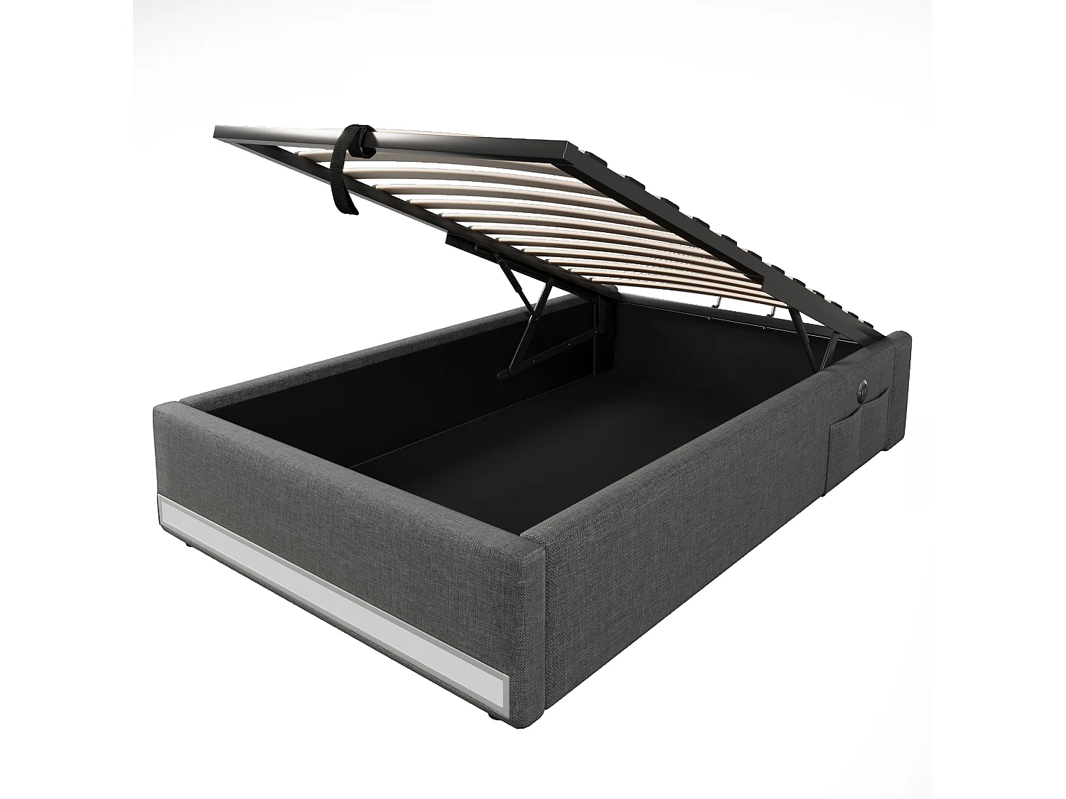 Lit coffre adulte 90x200cm en lin gris, sans tête de lit, LED et USB inclus, sans matelas