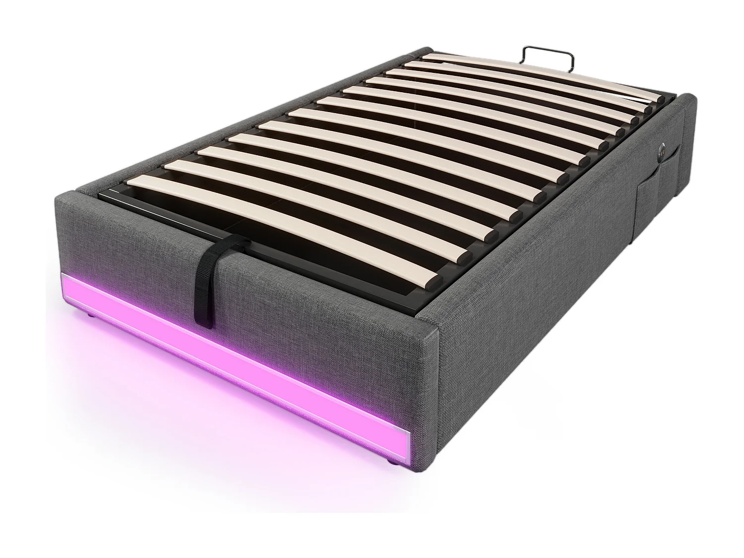 Lit coffre adulte 90x200cm en lin gris, sans tête de lit, LED et USB inclus, sans matelas