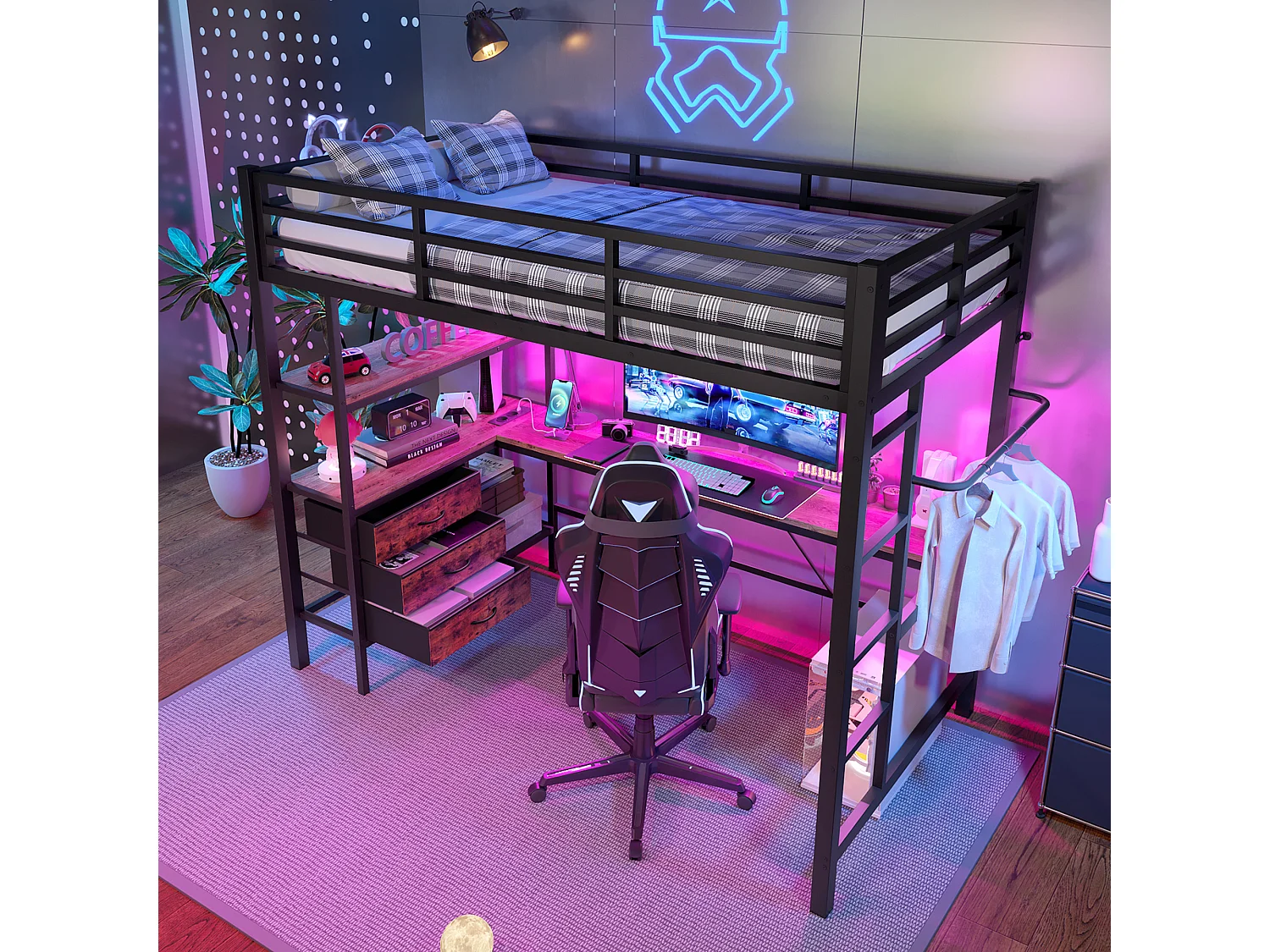 Lit mezzanine enfant 90x200cm en métal noir, avec bureau et 3 tiroirs, sommier inclus, sans matelas