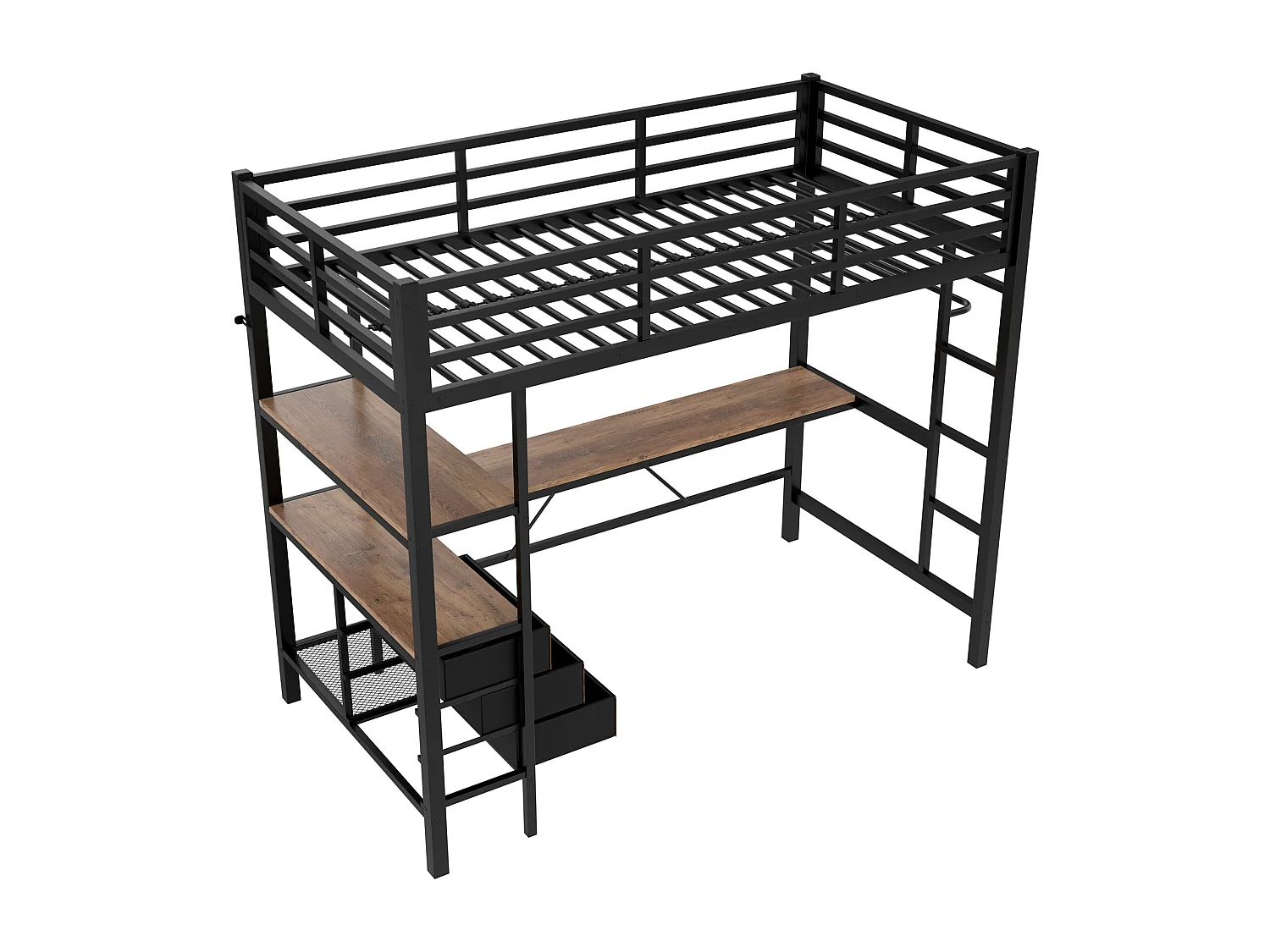 Lit mezzanine enfant 90x200cm en métal noir, avec bureau et 3 tiroirs, sommier inclus, sans matelas
