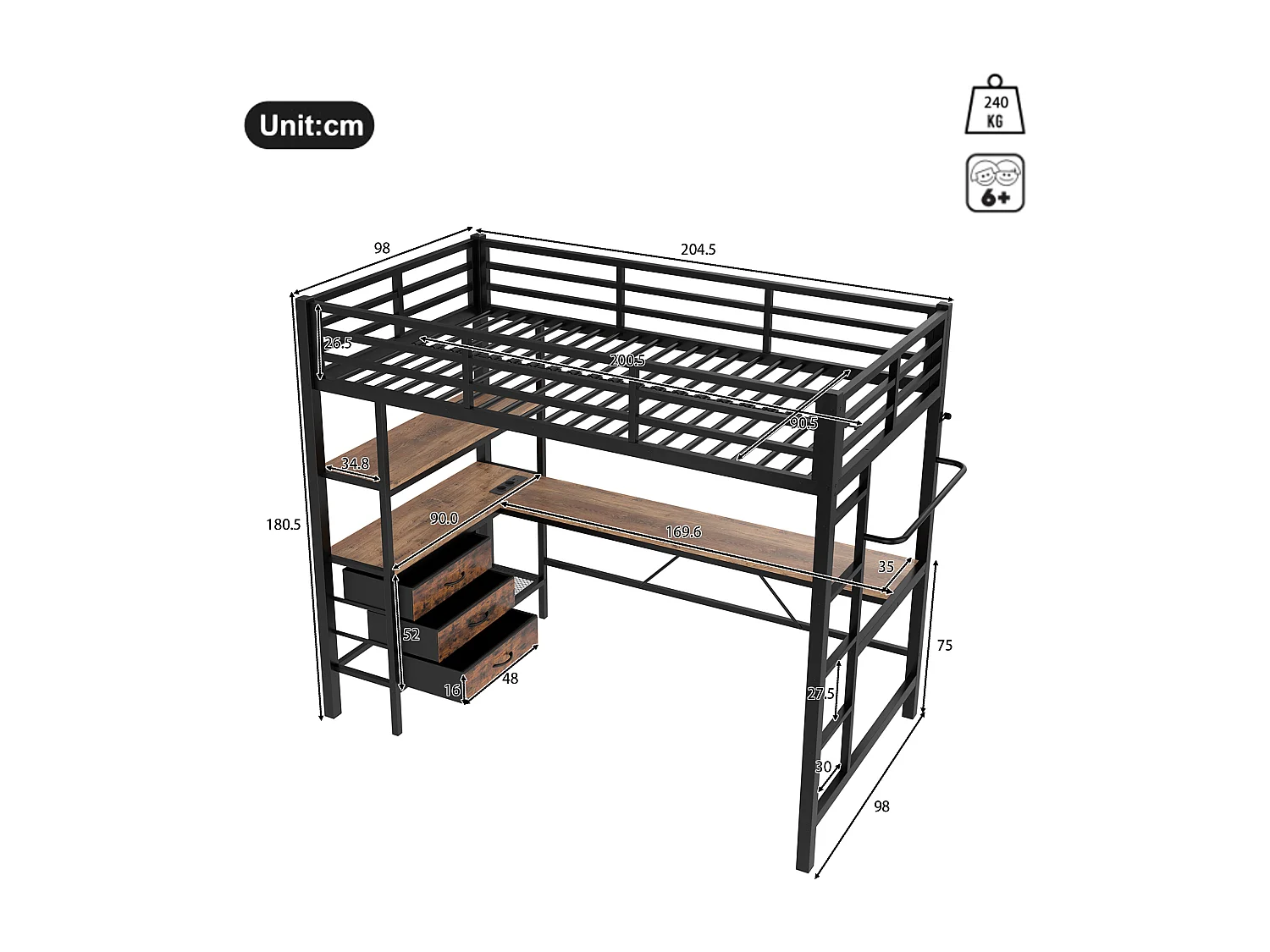 Lit mezzanine enfant 90x200cm en métal noir, avec bureau et 3 tiroirs, sommier inclus, sans matelas