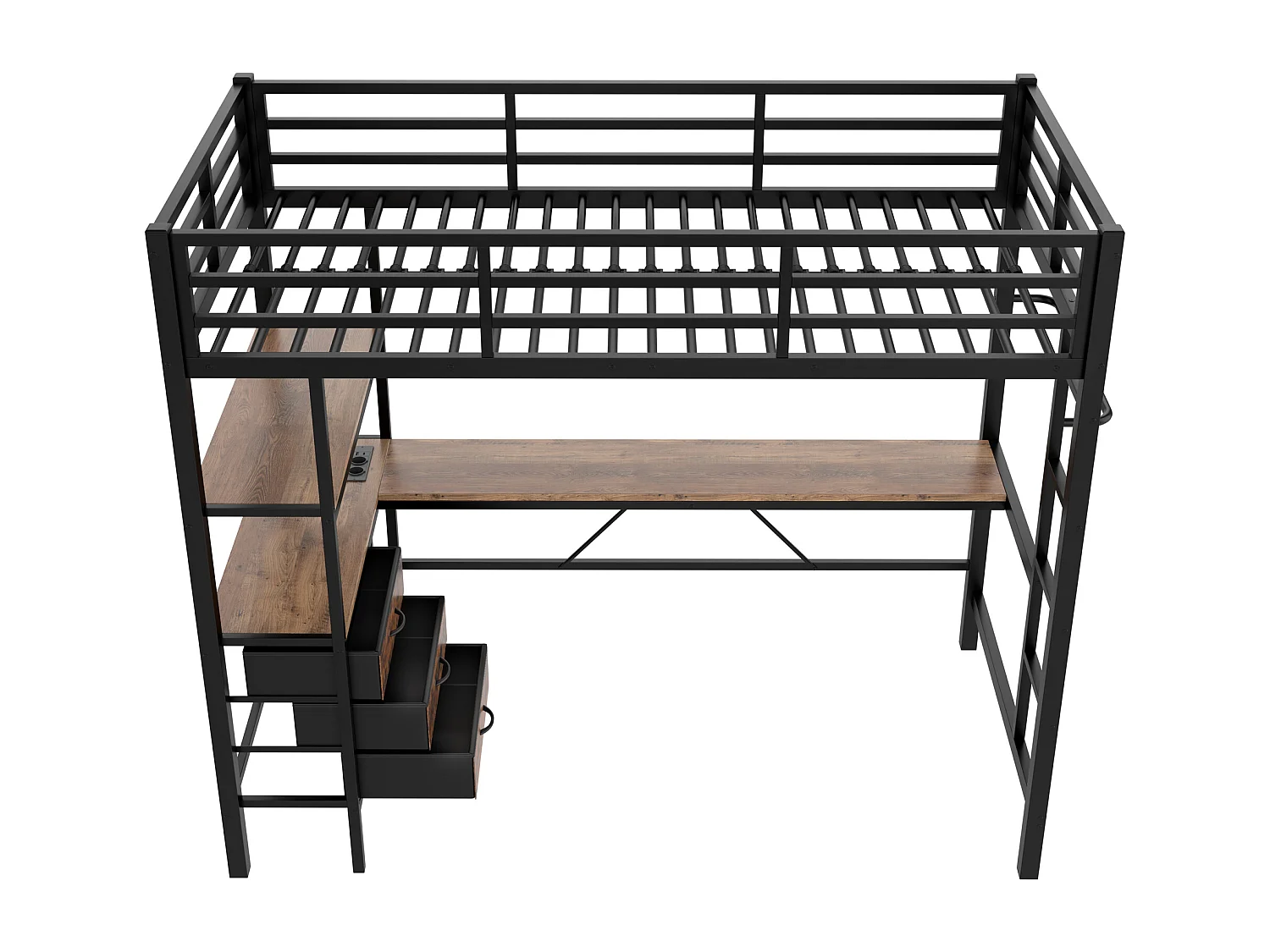 Lit mezzanine enfant 90x200cm en métal noir, avec bureau et 3 tiroirs, sommier inclus, sans matelas